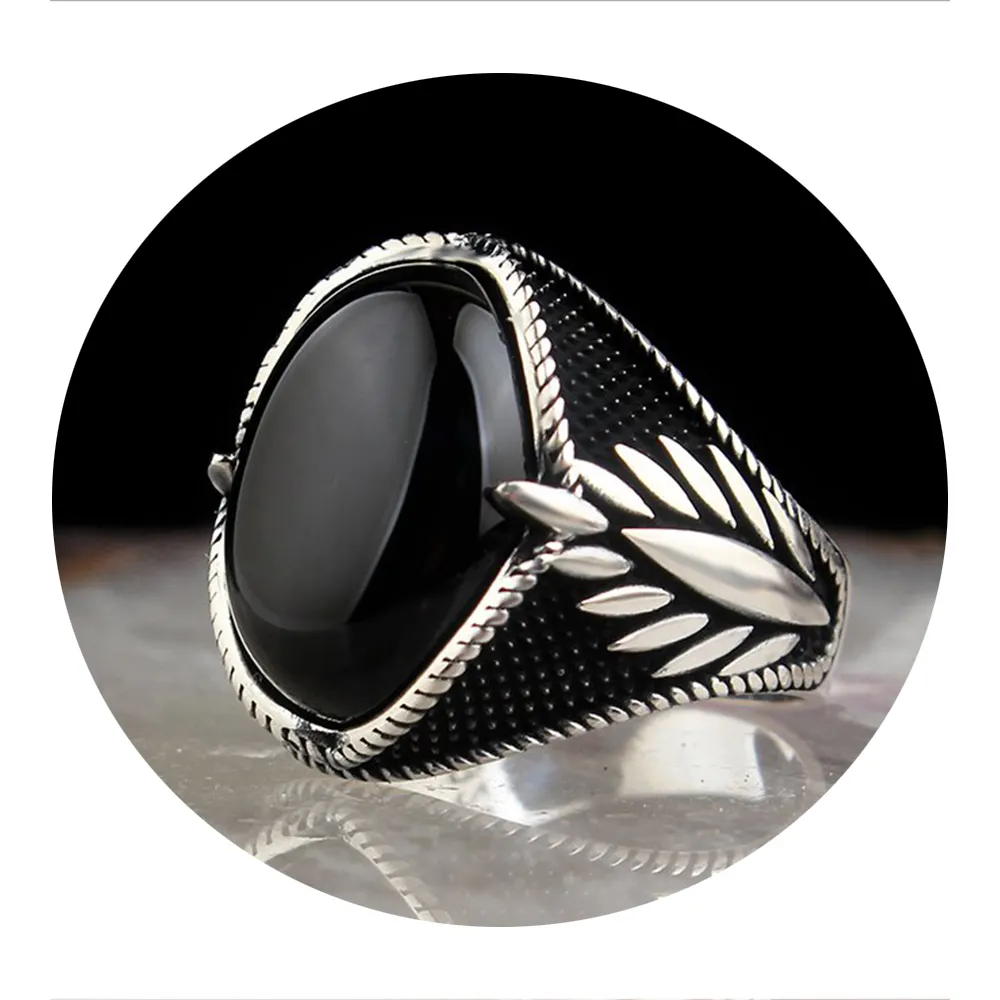 Gedetailleerde Ontwerp 925 Sterling Zilver Natuurlijke Zwarte Onyx Mens Sieraden Ringen