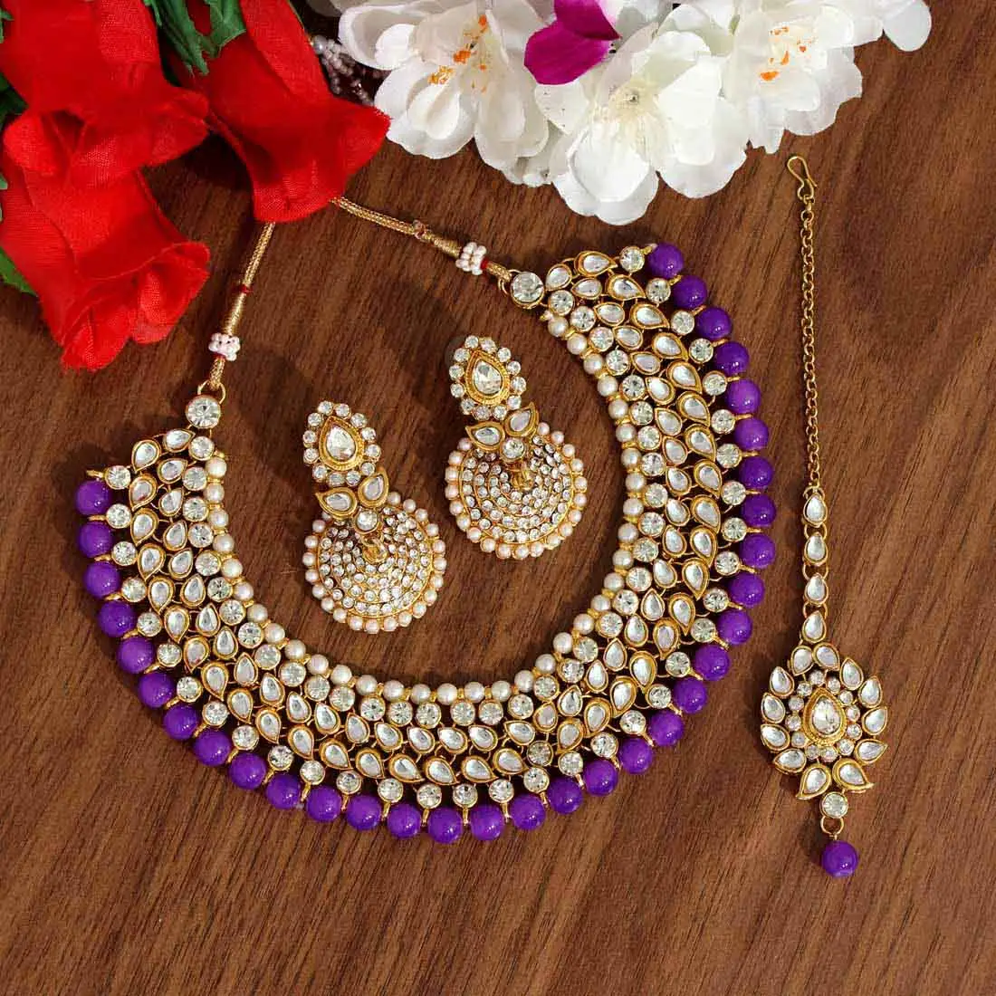 最新の独占デザイナーファッションインドのジュエリー軽量インドの伝統的なカラフルなカンダンネックレスと長いイヤリング