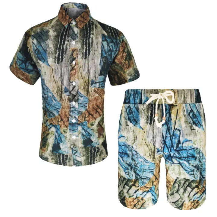 Summer Short Sleeve Casual Button Down Shirt Trunks 2 Piece Set Outfits Casual Beach Hawaii Shirts Suit Set