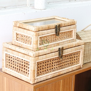 Rectangular rattan box with glass lid also stackable storage box and glass top display box
