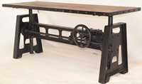 Table à manger convertible moderne en bois d'acacia massif avec plateau réglable en hauteur par manivelle en métal industriel pour la maison