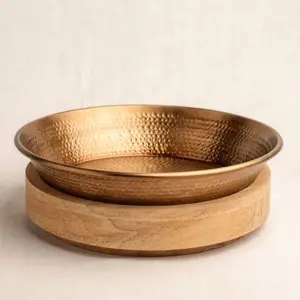 Заводская посуда, высококачественные металлические медные чаши для салата с деревянной основой