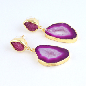 Vente directe en usine, bijoux en tranches de géode rose naturelle et sucre rose druzy, boucles d'oreilles en plaqué or pour femmes - Product Image 5