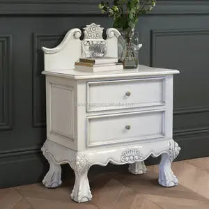 Bedside Carved Classic massivholz mit White Antique Color Handmade 2 Drawers