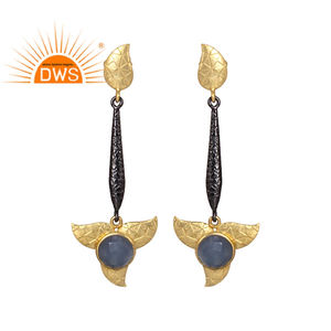 Blue Chalcedony Gold Plated <b>Floral</b> Designer Drop Earring Indian Brass Fashion Jewelry for Women Gift for Her - Product Image 1