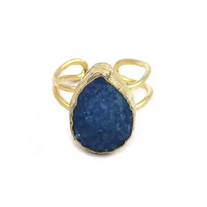 Natural blue agate druzy gemstone gold plated ring handmade gemstone fashion jewelry new collection jewellery