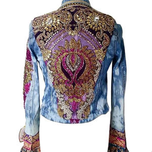 Ethnic Boho Style Unique Fashion Hand Embroidery Beaded Long Sleeve Winter Cotton Finished Sky Blue Color Women <b>Denim</b> <b>Jacket</b> - Product Image 1