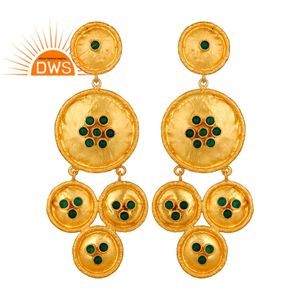 Boucles d'oreilles en pierres précieuses, vert Onyx, plaqué or 18 carats, vente en gros, Design disque, Chandelier, bijoux - Product Image 1