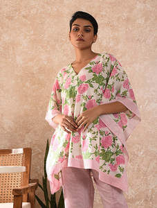 Robe de nuit caftan courte rose coupe ample en coton respirant avec pyjama confortable rose rayé - Product Image 4