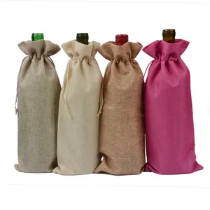 Indian Manufacturer Custom Printed Cheap Washable Linen Hemp Drawstring Pouches Beer Bottle Gift Burlap Jute Wine Bag