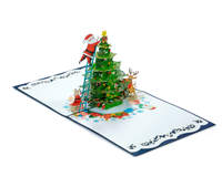 Tarjeta de Felicitación Navideña 3D Pop-Up con Diseño de Santa Claus Decorando un Árbol con Renos