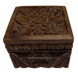 Artisan <b>Hand</b> Carved Square <b>Wooden</b> Handmade Jewellery Storage Box for Girls Jewels Organiser - Product Image 1