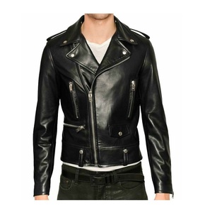 Chaqueta de motorista con cremallera para hombre, de cuero de vaca negro de alta calidad, disponible en todos los colores de cuero, hecha en Pakistán - Product Image 1