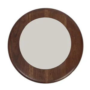 Wooden Wall Mount Round Mirror Acacia Wood Brown 41x41cm Size Handcrafted Round Decorative Modern Wood Frame Wall Mirror