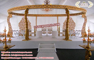 Maravillosas decoraciones de Boda del Reino Unido Impresionante Mandap tallado en oro con aspecto exquisito Mandap tallado en fibra - Product Image 4