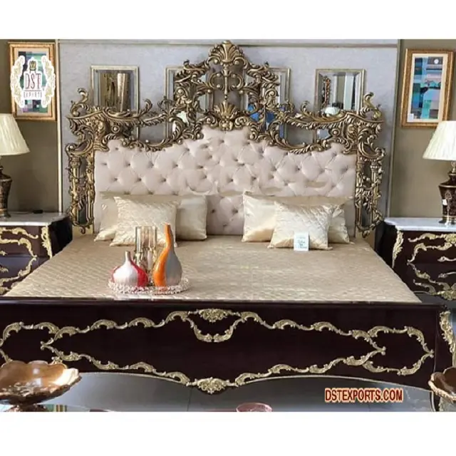 รอยัลการออกแบบเตียงคู่และตารางด้านข้างหรูหราเตียงคู่ฝรั่งเศสที่มี Nightstand พระราชมือแกะสลักมหาราชาเฟอร์นิเจอร์เตียง