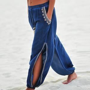 Pantalones Palazzo bordados para mujer, ropa de fiesta, bolsillos laterales, pantalones largos anchos, OEM - Product Image 1