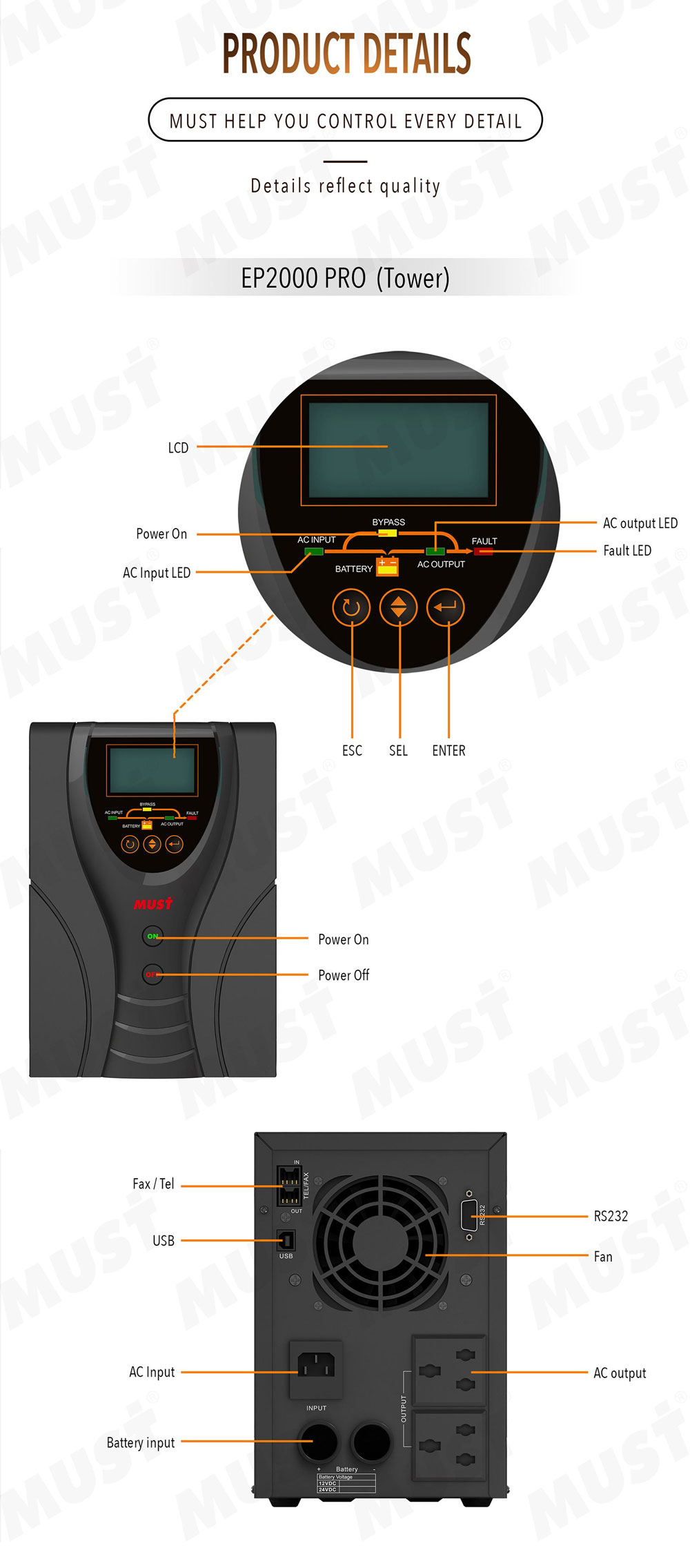 MUST EP 2000 PRO Series 300W 600W 800W 1KW 2.1KW power inverter cost effective inverter userfriendly installnation and setting