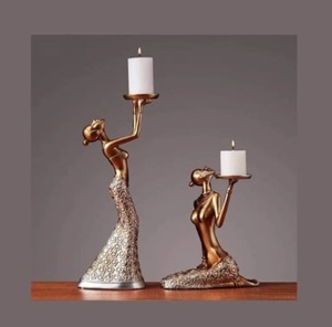 2ชิ้นวินเทจเลดี้เทียนยืน | ทองเหลืองผู้หญิงประติมากรรมศิลปะ - Product Image 1