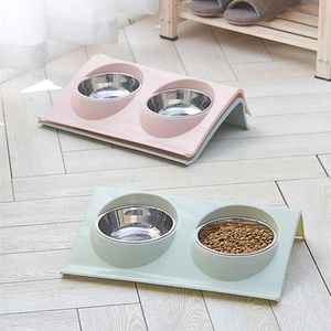 <b>Pet</b> Double Cat Dog Cat Bowls 2 Stainless Steel Water Food Dog Bowl Feeder Tilted Elevated with No Spill Non-Skid Silicone <b>Mat</b> - Product Image 5