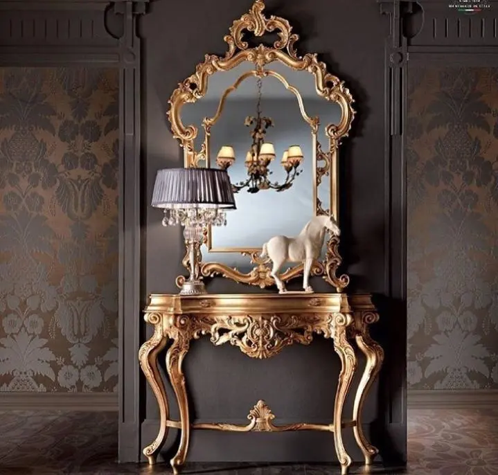 Mesa de luxo console e espelho feita de madeira sólida com escultura artesanal para sala de estar