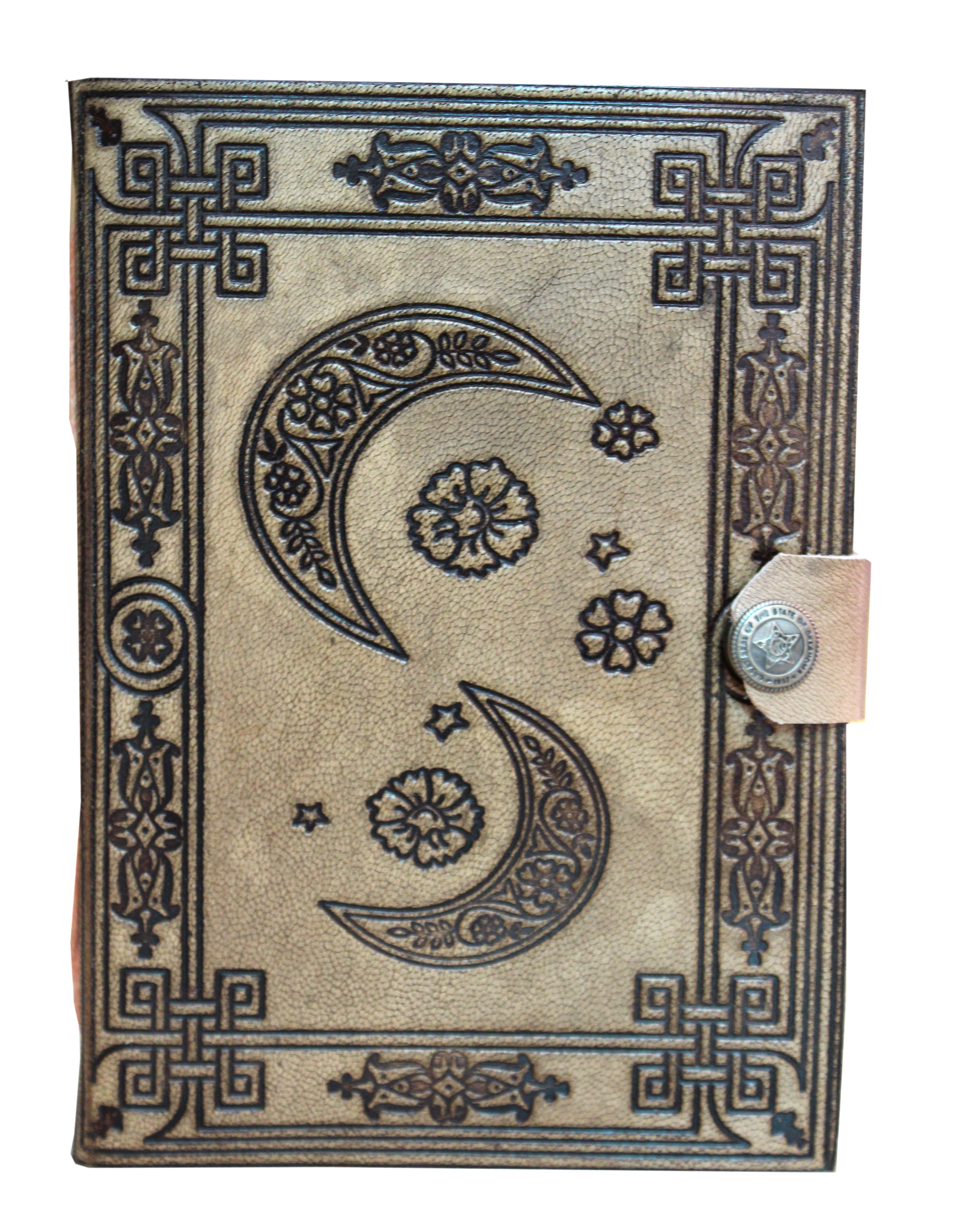 Кожаный дневник с тиснением в виде Луны и цветка с прикрепленным замком на кнопках