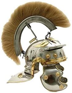 Casque de style romain centoriion, blanc, à plumeau et doublure en laiton et argent, finition polie, CHMN10037 - Product Image 1