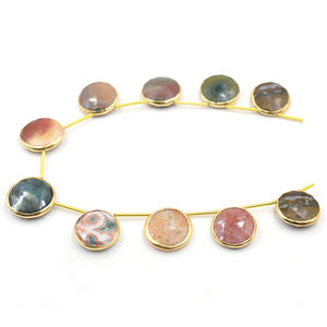 Jasper Round Shape <b>Silver</b> Bezel Gold Plated <b>Top</b> Side Drilled 10 Beads Strand - Product Image 6