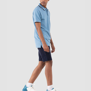 Polo de algodón de manga corta azul claro para hombre, con cuello a rayas en contraste, informal, de punto, clásico, elegante, suave, para verano - Product Image 3
