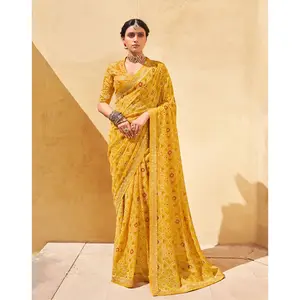 Pakaian Dalam Tradisional Rajaswatson Bandhani Georgette Saree dengan Blus Bordir & Pinggiran untuk Fungsi Pernikahan Kualitas Tinggi Saree Wanita