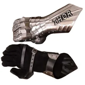 Armor Steel Gauntlets | Leather Strap Silver Finish Medieval Crusader Cosplay & Halloween