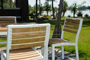 Outdoor Teak Garden <b>Chair</b> Set <b>White</b> Frame Contemporary Design Durable Aluminum Tapered Legs Laser Printed - Product Image 6