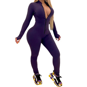 Combinaison et barboteuse à manches longues pour femme, tenue de ville à la mode, col rabattu, fermeture éclair, logo personnalisé, 2021 - Product Image 3