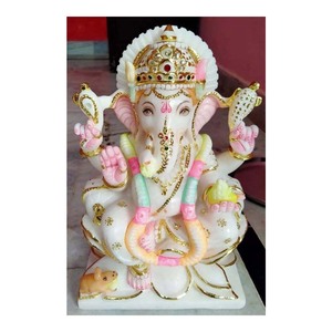 Estatua de mármol blanco pintado en oro, Lord Ganesha sentado - Product Image 1