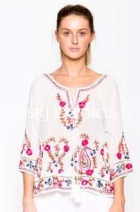 Chemisier Vintage blanc avec broderie Paisley Aari, Boho, manches 3/4, String de plage, bohème, haut de gamme, mode indonésiene, été - Product Image 4