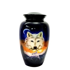 Urne funéraire artisanale en métal imprimé pour cendres humaines d'un être cher, motif loup, finition émail, capacité 200 cm³ - Product Image 2