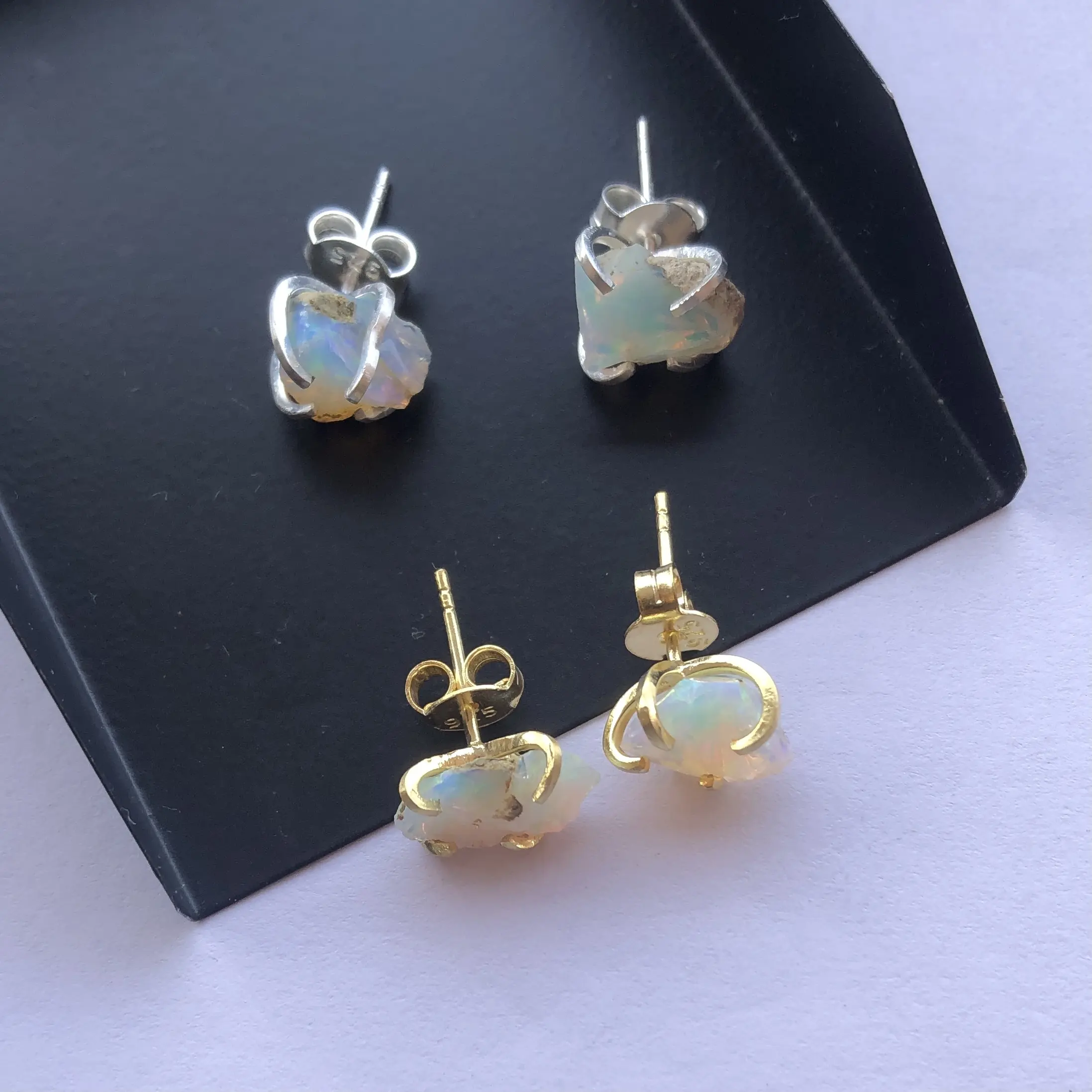 Natural Ethiopian Opal Rough Stone Stud 925 Sterling Silver Gold Plated Earring - at Wholesale Factory Price Gemstone Jewelry
