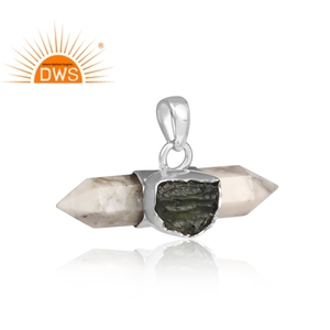 Fine Sterling Silver Natural Rough <b>Moldavite</b> And Howlite Gemstone Pendant Jewelry Manufacturer - Product Image 2