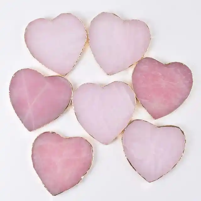 दिल के आकार गुलाब क्वार्ट्ज सुलेमानी COASTERS सोने के साथ धार/शीर्ष गुणवत्ता सुलेमानी दिल के आकार में कोस्टर/सभी सुलेमानी COASTERS उपलब्ध