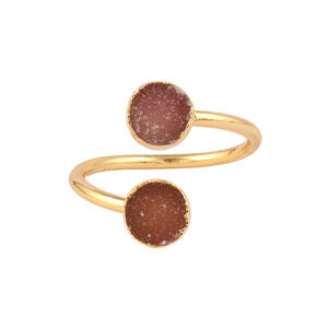 Última moda anillo minimalista 6mm forma redonda azúcar marrón Druzy anillo 24K oro galvanoplastia doble piedra ajustable anillo de mujer - Product Image 1