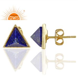 Boucles d'oreilles clous en laiton plaqué or jaune avec lapis-lazuli taillé en triangle pour femme, bijoux de mode - Product Image 3