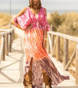 Vestido largo de verano de rayón con manga fría, traje playero de diseñador para mujer - Product Image 1