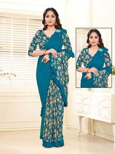 Bollywood Designer Ready to Wear Lyra Fabric Sari Work Flower Broche Party Wear Impresión digital Colorful Saree con Indian Bl ApparelGarment - Product Image 3