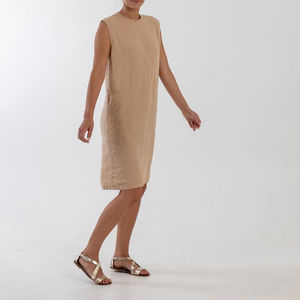 Vestido de lino 100% para mujer, estilo formal, color trigo, tela crepé, cuello redondo, sin mangas, largo hasta la rodilla, tendencia 2026 - Product Image 1