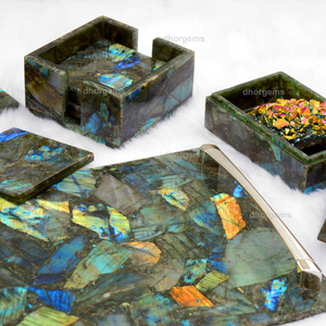 Juego de Posavasos y Bandeja de Labradorita |   Posavasos de Cristal Natural Tallado, Bandeja Espejo, Joyero, Posavasos para Coche, Decoración del Hogar - Product Image 2