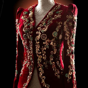 2022 Red <b>Jacket</b> Fine Embroidery Dress Heavy Work Dabka Crystal Beads Glass Stone Embellishments Silken Linen for Party <b>Weddings</b> - Product Image 1