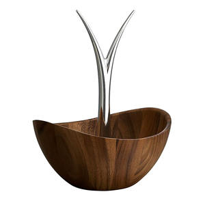 Bol de service rond en bois fait à la main de styliste écologique, avec support en métal, bol de service pour salade de fruits 1 pièce - Product Image 1