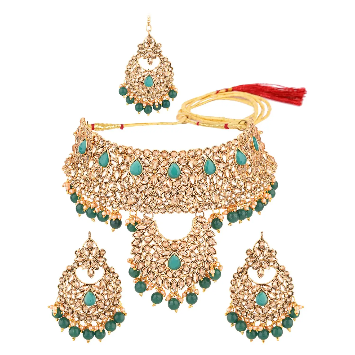 Indian Bollywood Choker Crystal Faux Pearl Kundan Necklace Earrings Maang Tikka Head Chain Jewelry