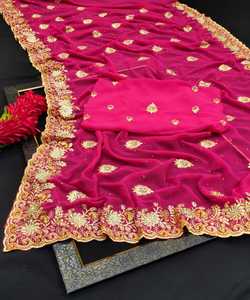 Ropa de fiesta Diseñador Bordado Red Diseño de flores de seda Ropa de mujer India Color naranja Sari con pieza de blusa Perla Trabajo Sari Prenda - Product Image 1