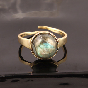 Diseñador genuino fuego labradorita 10mm piedra anillo latón amarillo chapado en oro anillo redondo piedra preciosa anillo ajustable joyería - Product Image 5